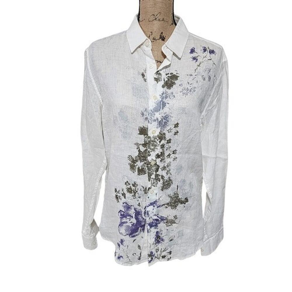 Elie Tahari White Floral 100% Linen Button Down Shirt J2169509 Long Sleeve